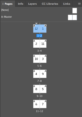 InDesign Pages window showing bookletized spreads