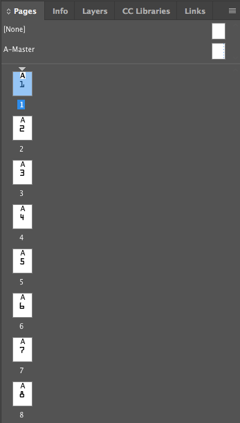 InDesign Pages window showing typical non-facing pages